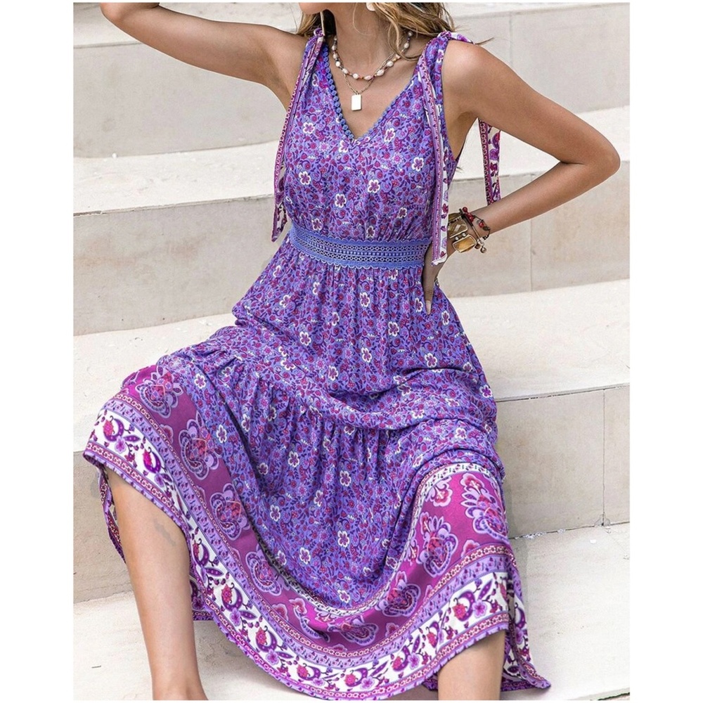 Boho Floral Print Sleeveless maxi Dress - Picture 2 of 5